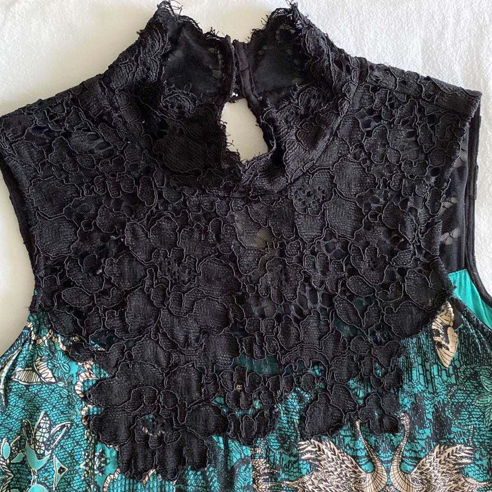 Anthropologie Maeve Silk blend Butterfly Swan Green print Lace top Swing Dress - Picture 5 of 16